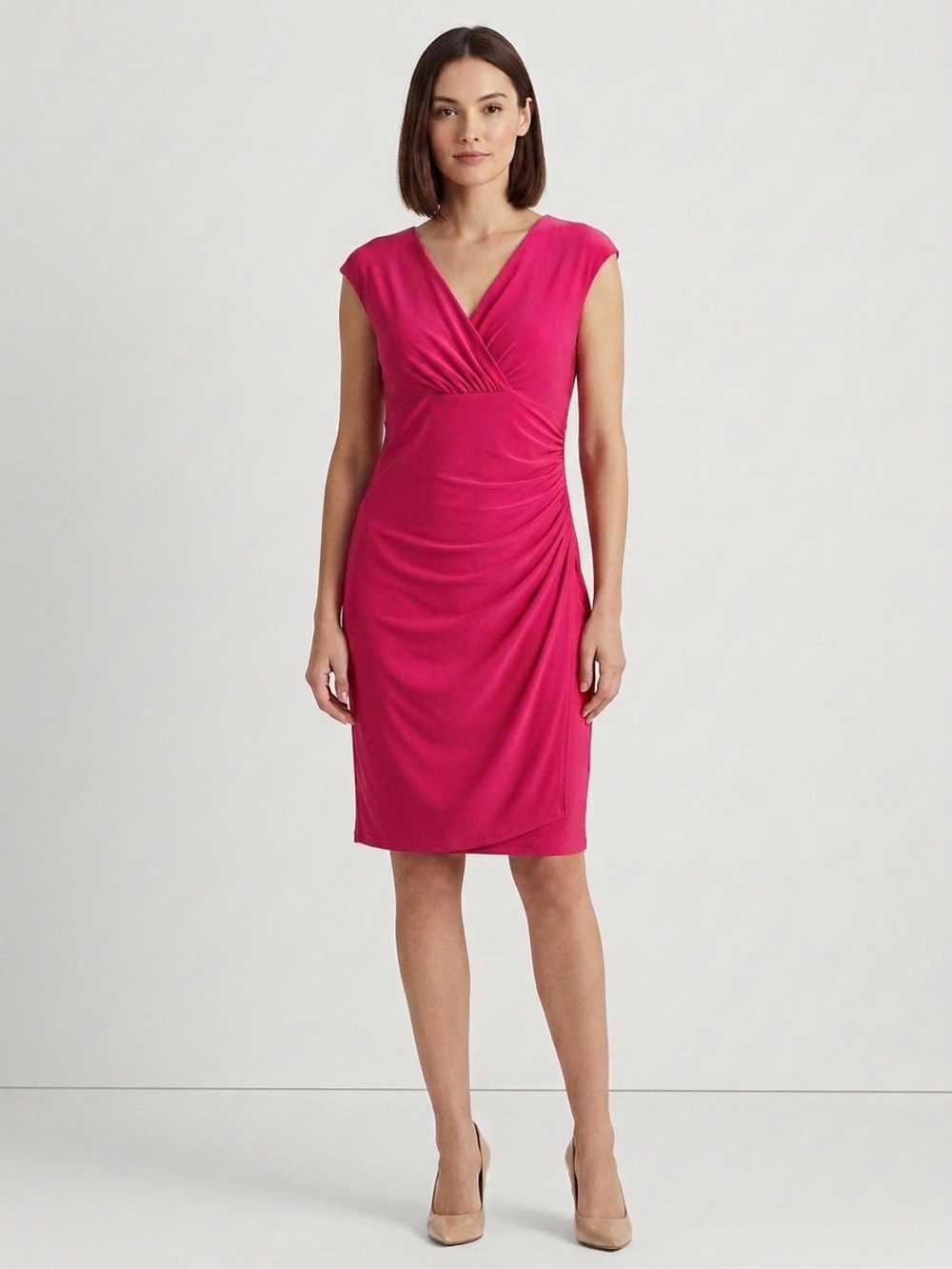 Lauren Ralph Lauren fuchsia faux‑wrap ruched sheath dress, women’s size 10